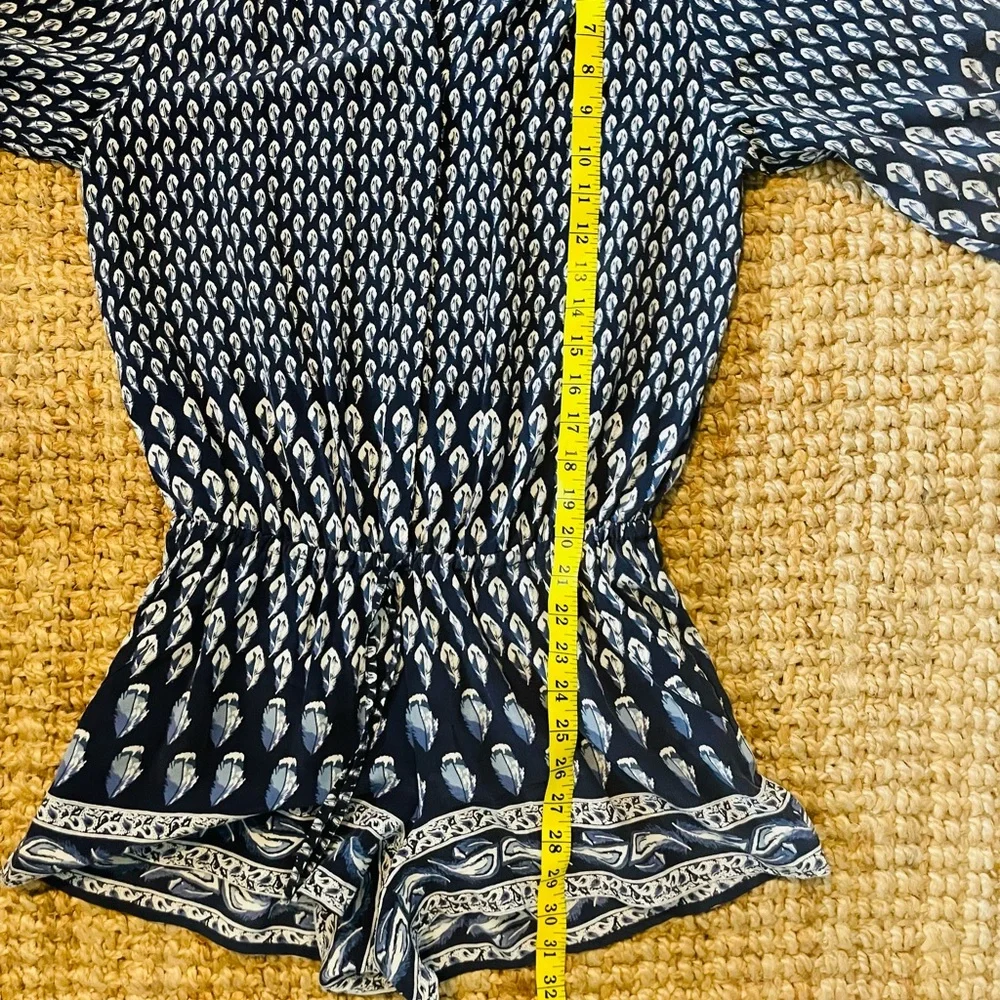 Joie XS Blue White Feather Solstice Boho Silk Romper - Picture 11 of 14